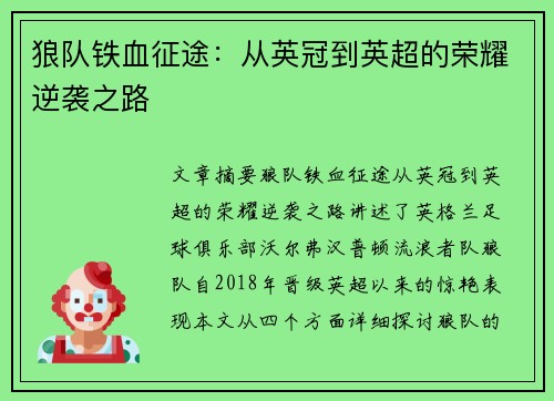 狼队铁血征途：从英冠到英超的荣耀逆袭之路